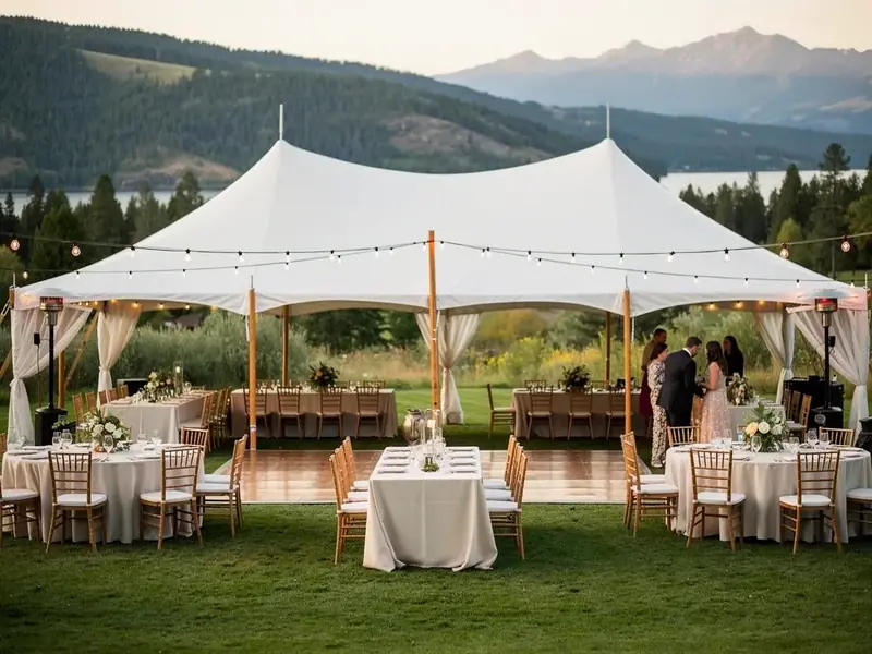 High-peak white tent with string lights, round tables and a dance floor at dusk with patio heaters around it