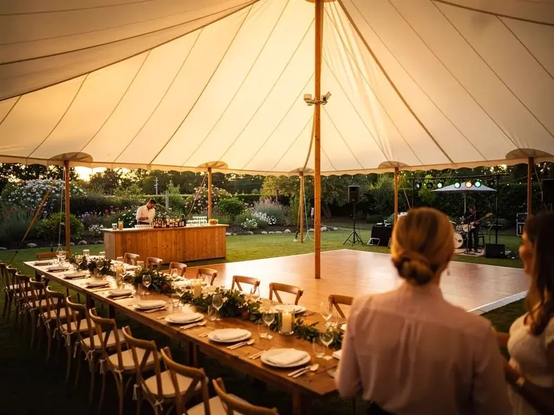 Inside a glowing sailcloth tent with a wood dance floor, long tables, a bar and band gear Inside a glowing sailcloth tent with a wood dance floor, long tables, a bar and band gear