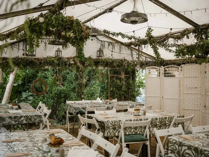 Tables in leaf-print cloths with white folding chairs under hanging greenery, lanterns and string lights Tables in leaf-print cloths with white folding chairs under hanging greenery, lanterns and string lights