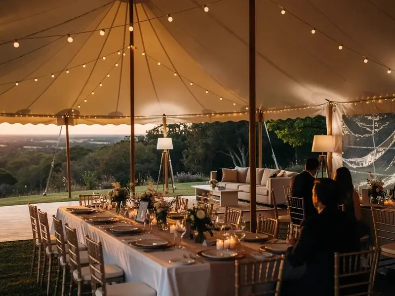 Long table with gold chairs and string lights under an open-sided sailcloth tent at dusk Long table with gold chairs and string lights under an open-sided sailcloth tent at dusk