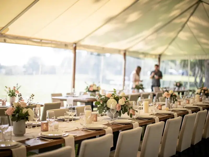 Long wood tables with white place settings, flowers and slipcovered chairs under an open canopy Long wood tables with white place settings, flowers and slipcovered chairs under an open canopy