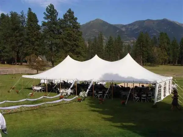 Multi-peak white pole tent on a grass field with pine trees and mountains behind