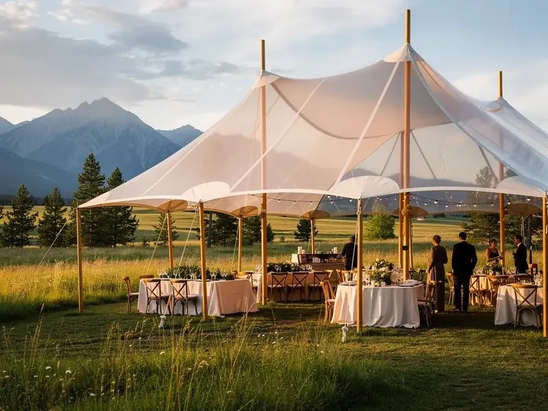 Sailcloth tent with wood poles and string lights in a meadow at golden hour with mountains behind Sailcloth tent with wood poles and string lights in a meadow at golden hour with mountains behind