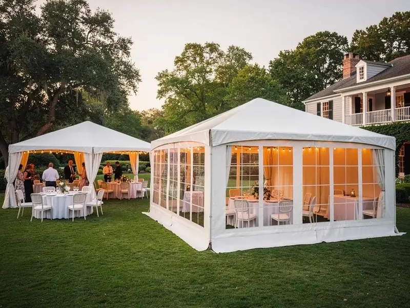 Two lit white frame tents with tables and chairs on a lawn at dusk Two lit white frame tents with tables and chairs on a lawn at dusk