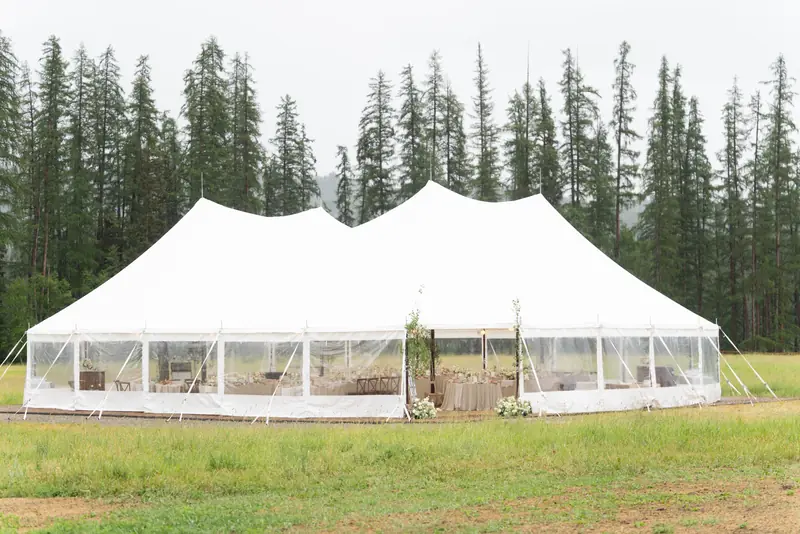 A white pole tent stands in a mown field edged by a wall of tall evergreen trees