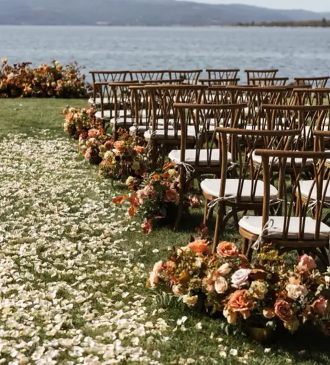 Wooden chairs and flowers line a grass aisle covered in white petals next to a lake with distant mountains Wooden chairs and flowers line a grass aisle covered in white petals next to a lake with distant mountains